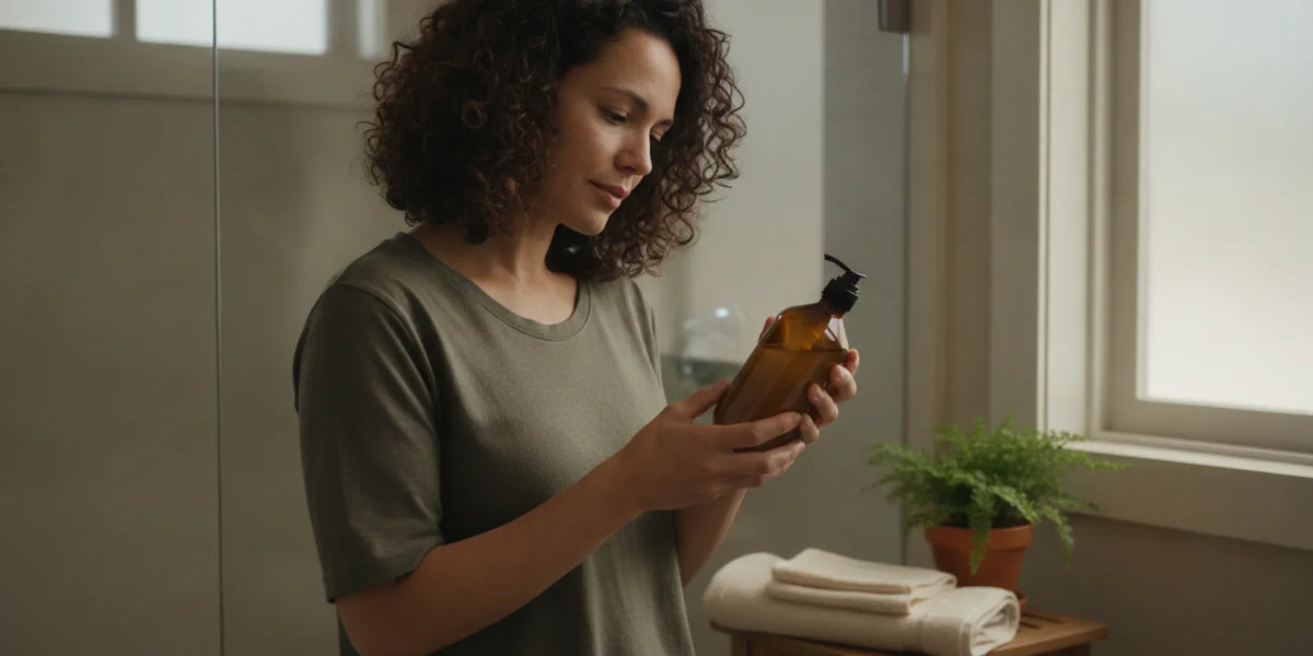 A person examining a botanical shampoo bottle beside a shower with towels and green leaves